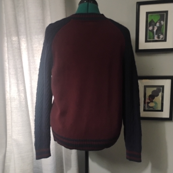 Tommy Hilfiger Burgundy & Navy Varsity Cardigan w Cable Knit Sleeves Sz L NWOT - Picture 6 of 13